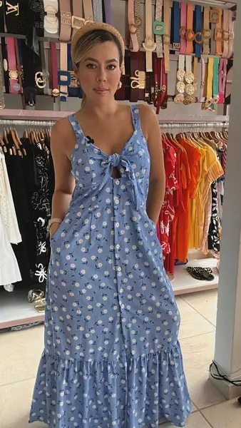Vestido Largo Azul Flores