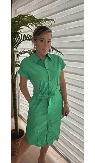 Vestido Camisero Verde Tres Cuartos Mujer