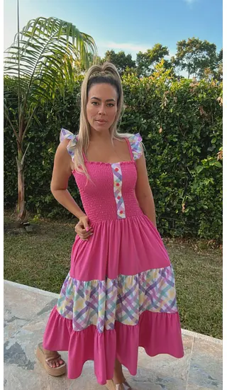 Vestido Fucsia Cuadros Colores