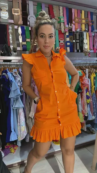 Vestido Corto En Color Naranja Camisero