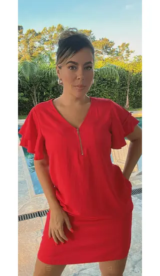 Estido Rojo En V Con Cremallera Mujer