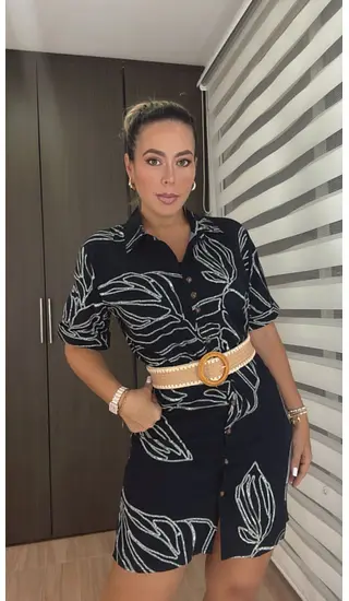 Vestido Estampado Corto Con Cinturón Femenino