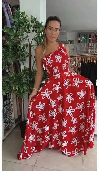 Vestido Largo Rojo Floral-Escote Asimétrico Y Sofisticado