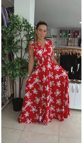 Vestido Largo Rojo Con Flores Blancas - Tiras En Hombros