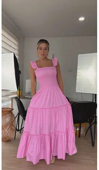 Vestido Largo Rosado Con Tiras Finas
