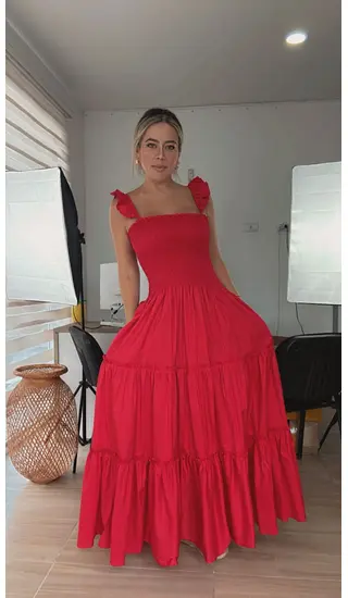 Vestido Largo Rojo Con Tiras Finas