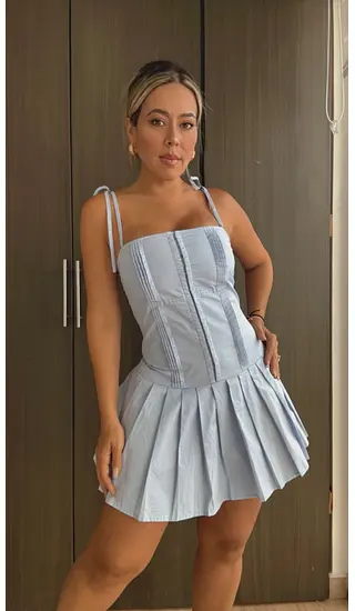 Vestido Corto Azul Corset Con Tiras Graduables