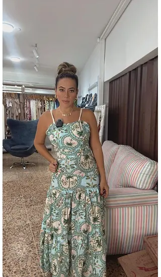 Vestido Lino Tropical En Verde Con Tiras Trenzadas