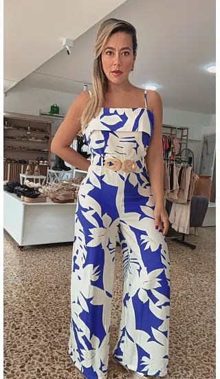 Enterizo Azul Y Marfil Estampado Con Dobladillo Frontal Y Ci