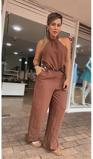 Enterizo Cocoa Elegante Cuello Halter Con Cinturón Y Bota An