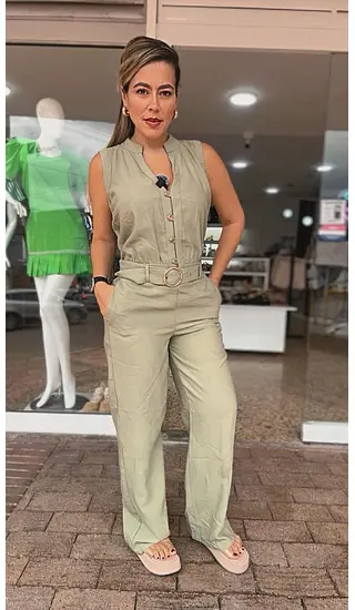 Enterizo Verde Hoja Seca Con Cinturón Dorado