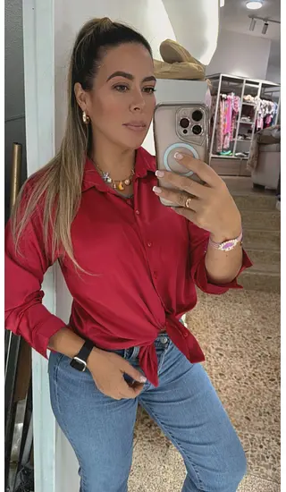 Camisa Roja Para Mujer Con Cuello Clásico, Mangas Fluidas