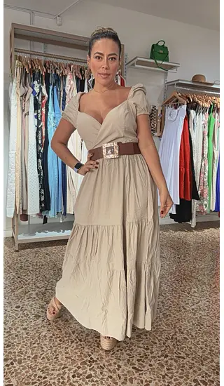 Vestido Beige Elegante Con Mangas Globo Y Detalle Cruz