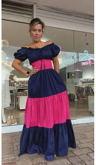 Vestido Largo Bicolor En Popelina