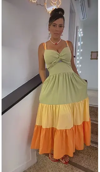 Vestido Largo Verde Naranja Con Escote Anudado Elegante Chic
