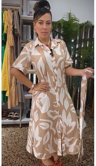 Vestido Largo Camisero Beige Con Estampado Abstracto