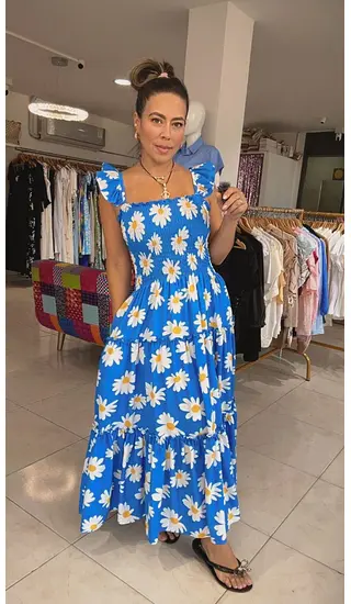 Vestido Largo Floral Azul En Tela Seda