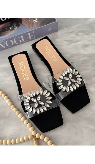 Sandalias Negras Planas Con Apliques Plateados