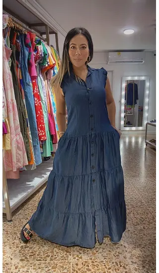 Vestido Largo Denim Botonero